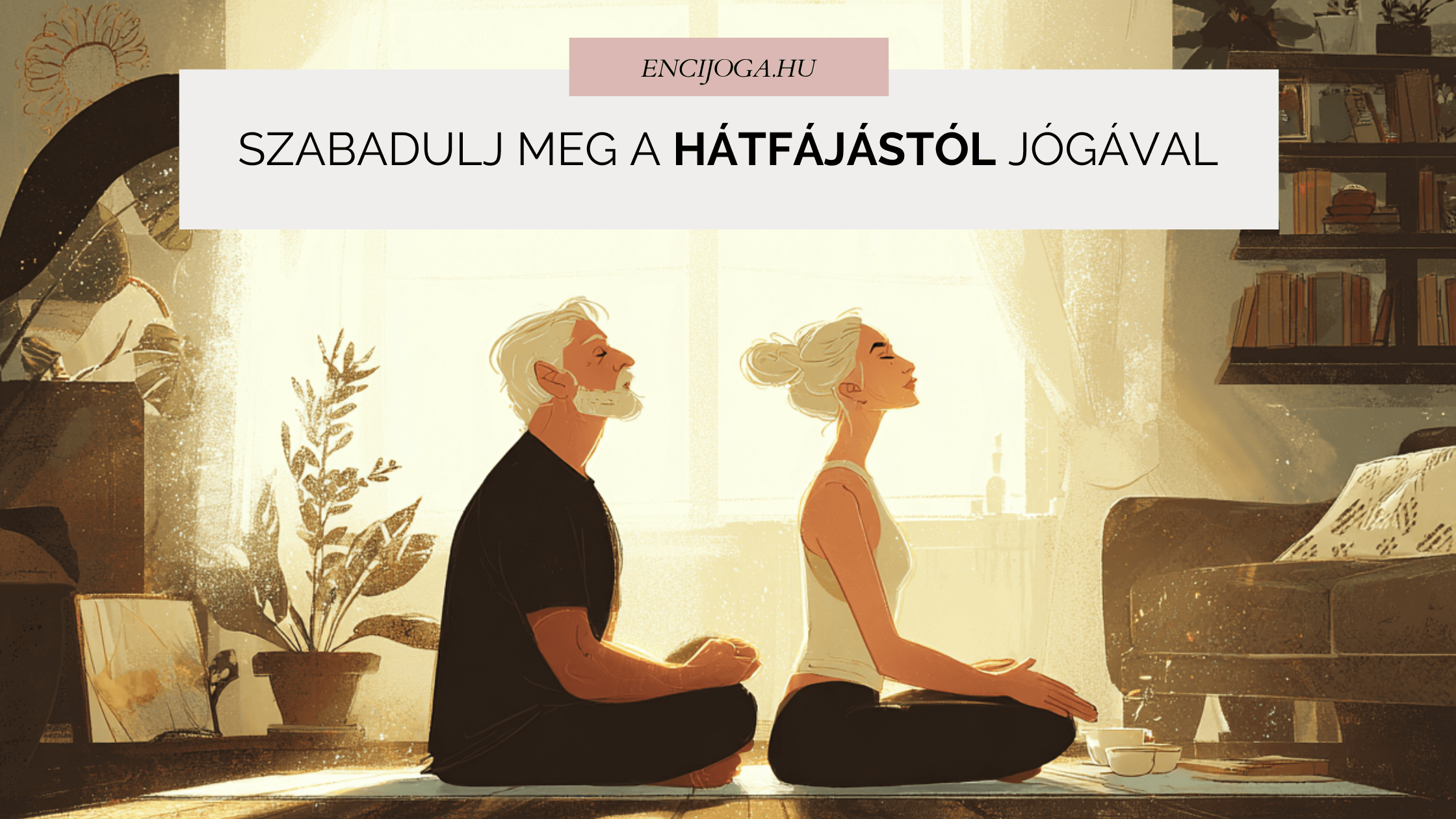 Otthoni jóga hátfájásra – kezdő nő jógázik nappaliban, nyugodt testhelyzetben, természetes fényben