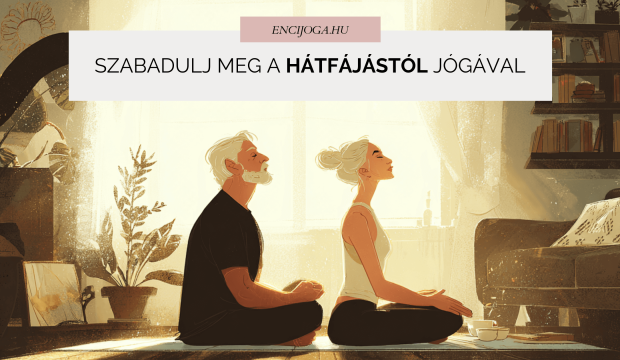 Otthoni jóga hátfájásra – kezdő nő jógázik nappaliban, nyugodt testhelyzetben, természetes fényben